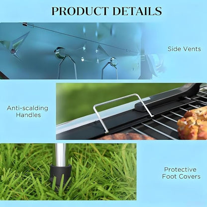 Portable Charcoal Barbecue Grill with Storage, Folding Small BBQ for Camping Tailgating Picnic, Includes Grill Grate and Non-Stick Pan, Stainless Steel Outdoor Cooker with Air Vents