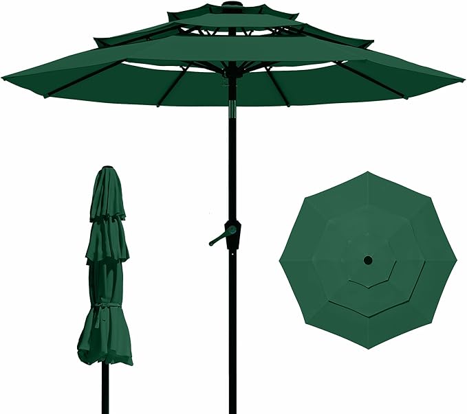 9FT 3 Tiers Patio Umbrella With Auto Tilt And Crank, Outdoor Table Market Umbrella with 8 Sturdy Ribs for Garden, Lawn, Deck, Backyard and Pool
