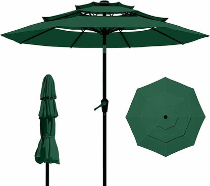 9FT 3 Tiers Patio Umbrella With Auto Tilt And Crank, Outdoor Table Market Umbrella with 8 Sturdy Ribs for Garden, Lawn, Deck, Backyard and Pool