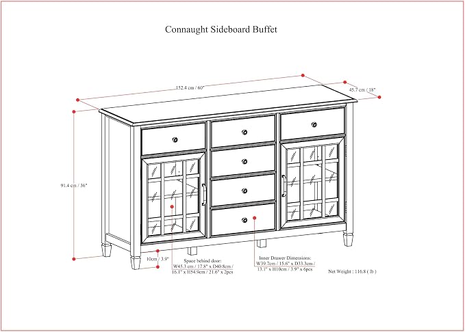 SIMPLIHOME Connaught 60" Wide Solid Wood 3-Door Buffet in Chestnut Brown | Traditional sideboard with adjustable shelves and classic molding for dining rooms; buffet, credenza or server.