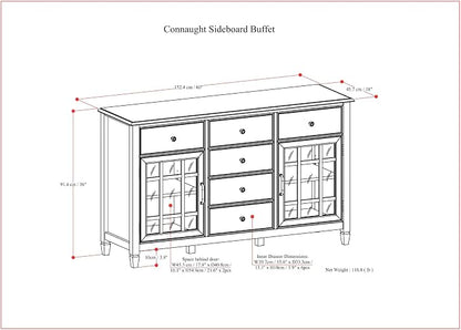 SIMPLIHOME Connaught 60" Wide Solid Wood 3-Door Buffet in Chestnut Brown | Traditional sideboard with adjustable shelves and classic molding for dining rooms; buffet, credenza or server.