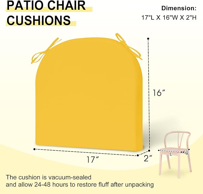 downluxe Outdoor Chair Cushions Set of 4 for Patio Furniture, Water-Resistant Patio Chair Cushions with Ties, High Density Foam Outdoor Seat Cushion, 17" X 16" X 2", Yellow