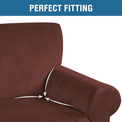 H.VERSAILTEX Stretch Velvet Loveseat Covers for 2 Cushion Couch Covers for Living Room Sofa Covers Slipcovers with Non Slip Straps Bottom, Ultra Thick Comfy Velour (Width 58"-72", Burnt Brick)