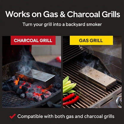 Deluxe BBQ Smoker Kit with Grilling Accessories | Includes Smoker Box, Basting Brush, Meat Thermometer, Heat-Resistant Glove, Instruction Manual, & 3 oz Hickory, Cherry & Apple Wood Chips