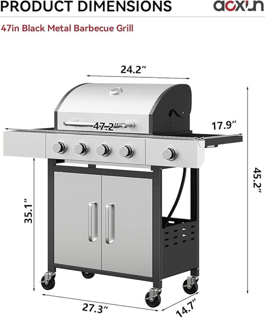 Aoxun 4-Burner Propane Grill with Side Burner, 49000 BTU Gas Grill, Stainless Grill with Cast Iron Grates & Side Tables for Backyard, Patio, Camping, Black and Silvery