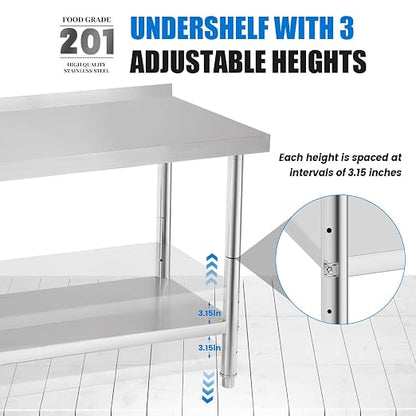 KUARBARR Stainless Steel Table for Prep & Work with Backsplash 24 x 36 Inches NSF Metal Commercial Kitchen Adjustable Under Shelf Worktable for Restaurant Home Outdoor