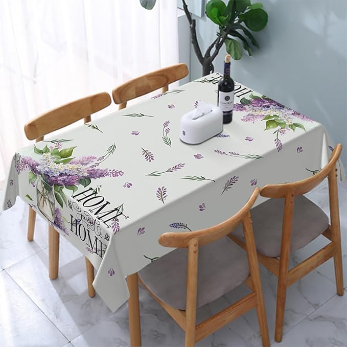 Decorative Rectangle Table Cloths Purple Lavender Leaves Home Sweet Home Tablecloth Table Cover for Dining/BBQ/Picnic/Coffee Table 52 X 70 Inches