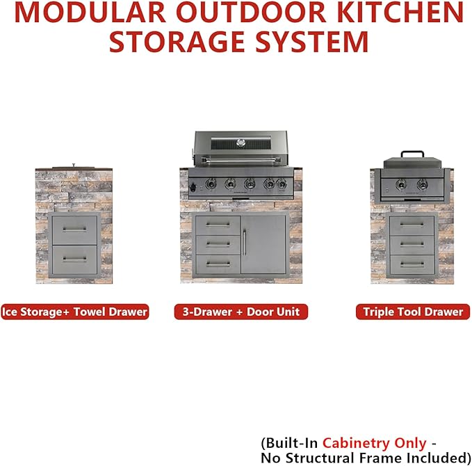 12PCS 32" Built - In Outdoor Kitchen System, 60000 Btu Stainless Steel BBQ Grill Island, Propane Gas Grill with Ice Bin, Paper Towel Holder, Cabinets, Rotisserie Kit, Backyard Cooking Station