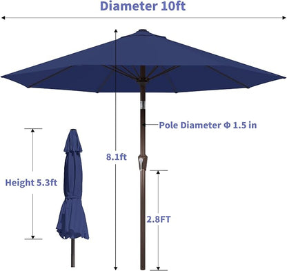 Kingdura 10FT Outdoor Patio Umbrella, Round Market Table Umbrella with Push‑Button Tilt and Crank Lift, 8 Sturdy Metal Ribs, UV50+ Protection Canopy for Backyard, Lawn, Deck, Poolside, Garden (Navy blue)