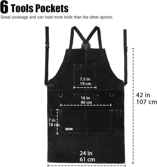 QeeLink Leather Welding Apron with 6 Pockets - Heat & Flame-Resistant Apron, 24'' X 42'', Adjustable M to XXXL (Black)