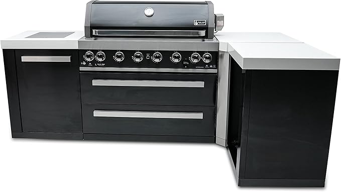 Mont Alpi Premium 94"W x 50"D Black Stainless Steel L-shaped Modular Outdoor Kitchen Island + Infrared Side & Rear Burner + 44"W 6-Burner BBQ Grill + Granite Countertops + Storage Cabinets & Drawers