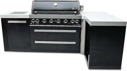 Mont Alpi Premium 94"W x 50"D Black Stainless Steel L-shaped Modular Outdoor Kitchen Island + Infrared Side & Rear Burner + 44"W 6-Burner BBQ Grill + Granite Countertops + Storage Cabinets & Drawers