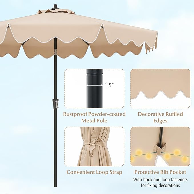 Tangkula 9Ft Patio Umbrella with Crank, 2-Tier Outdoor Umbrella with Push Button Tilt, Sun-Protective Canopy, 8 Ribs, Scalloped Patio Umbrella for Outdoor Beach Deck Pool Table (Beige)
