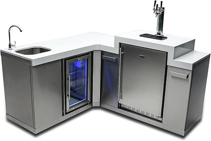 Mont Alpi Bar Series MA-BEV90KEG 90 Degree Stainless Steel Outdoor Rated 3 Beer Tap Kegerator Keg Dispenser + Wine Cooler Beverage Center Refrigerator + Granite Countertops + Faucet & Sink