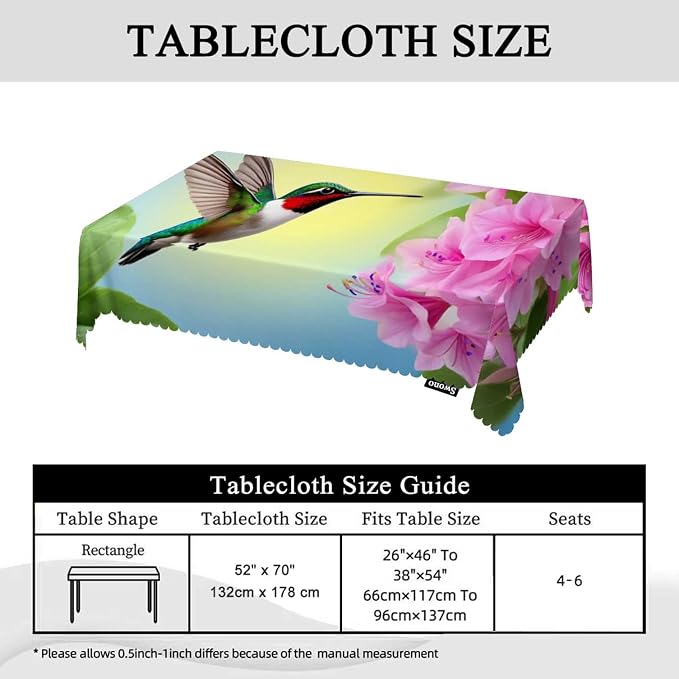 Swono Hummingbird Table Cloth Rectangle Tables Spring Flowers Humming Bird Kitchen Table Cover Oblong 52"X70" Tablecloth for Dining Table Buffet Parties Patio and Camping