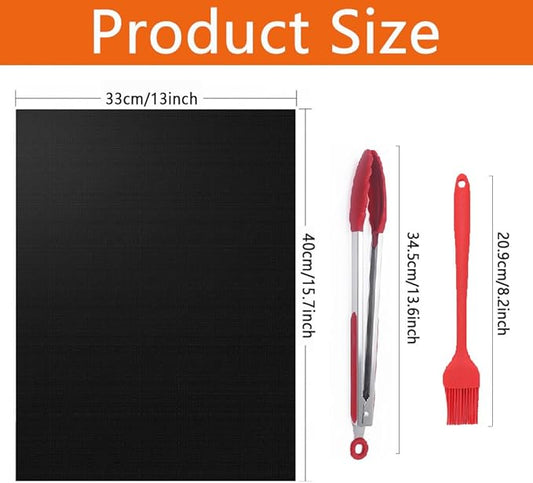 Grill Mats for Outdoor Grill, Set of 5 Reusable Gril Mat for Outdoor Barbecue with Basting Brushes and 12inch Grill Tongs, Oven Liners for Bottom of Oven 100% Non-Stick 15.75 x 13 Inch