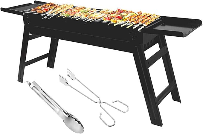 Grill for Outdoor Black Portable Barbecue Smoker Grill BBQ for Outdoor Cooking Camping Hiking Party Cold Rolled Iron Charcoal Grill Set，34.3"×7.9"×14.4" Barbecue Grill
