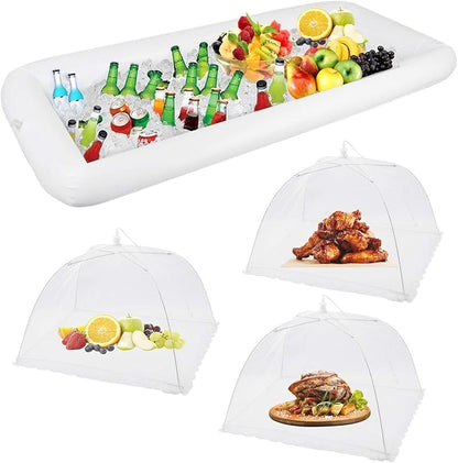 1PCS Inflatable Serving Bars and 3PCS Mesh Food Umbrella Covers Tent for Outdoor,Keep Salads Beverages Ice Cold - For Parties Indoor & Outdoor BBQ, Picnic Pool Party Supplies Luau Cooler