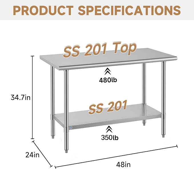 ROCKPOINT All Stainless Steel Table for Perp & Work 24x48 Inch,Commercial Heavy Duty Workbench with Stainless Legs & Adjustable Undershelf, 830 lb Capacity for Restaurant,Home and Outdoor Kitchens
