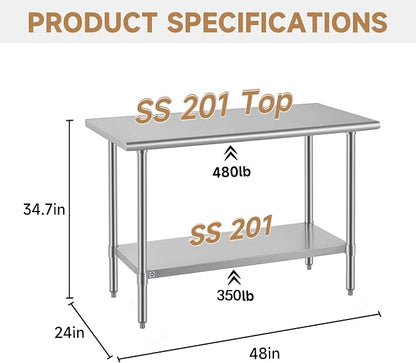 ROCKPOINT All Stainless Steel Table for Perp & Work 24x48 Inch,Commercial Heavy Duty Workbench with Stainless Legs & Adjustable Undershelf, 830 lb Capacity for Restaurant,Home and Outdoor Kitchens