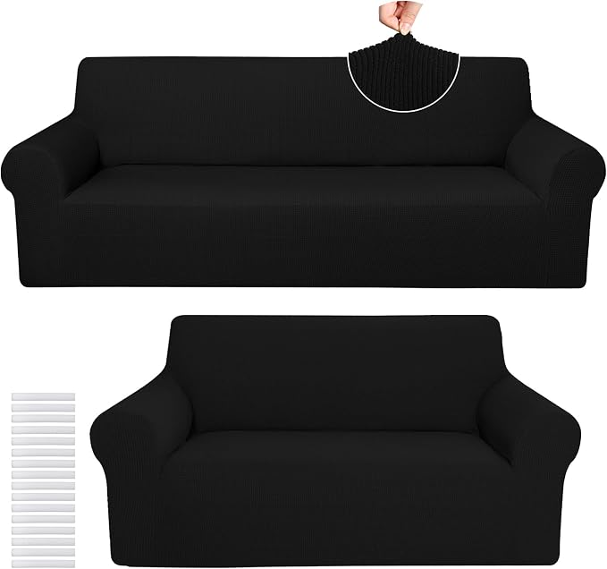 Peryiter 2 Pcs Couch and Loveseat Sofa Covers,Black,Fleece | Armchair Covers for Living Room, Sofa Cushion Slipcover 2/3 Seater, Furniture Protector, Polyester and Spandex, Washable