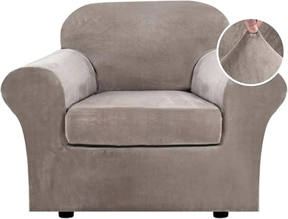 H.VERSAILTEX Rich Stretch 2 Piece Chair Cover Chair Slipcover Sofa Cover Furniture Protector Couch Soft with Elastic Bottom Chair Couch Cover with Arms Width Up to 49 Inch(Chair, Taupe)