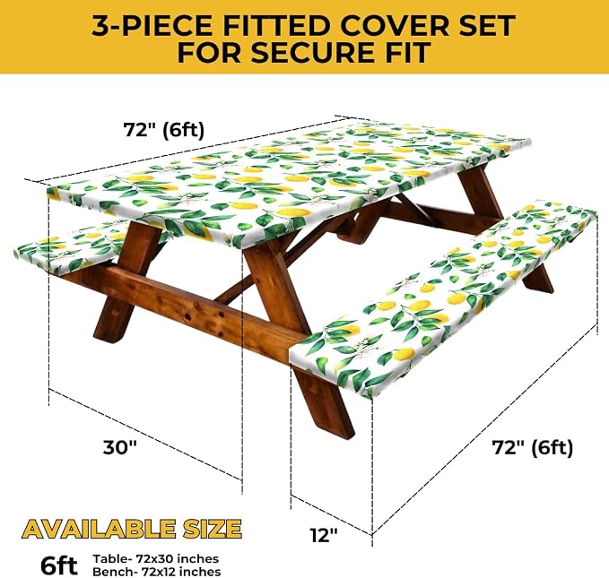 6ft Polyester Picnic Table Cover with Bench Covers Tablecloth Zesty Lemon | Polyester Picnic Table Cover Windproof & Waterproof, Perfect for Camping Gifts & RV Essentials, Cool Camping Gadgets with bag
