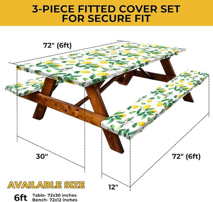 6ft Polyester Picnic Table Cover with Bench Covers Tablecloth Zesty Lemon | Polyester Picnic Table Cover Windproof & Waterproof, Perfect for Camping Gifts & RV Essentials, Cool Camping Gadgets with bag