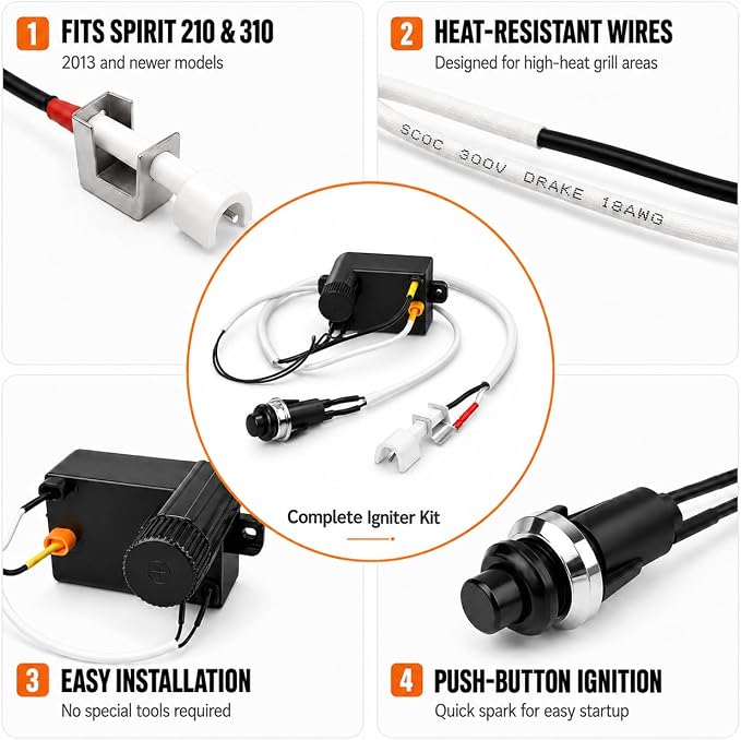 GRISUN 7642 Grill Igniter for Weber Spirit 310 210 2013 Up Front Panel | Fits Weber Spirit 200 and 300 series with up-front controls, model year 2013 and newer, plug-and-play igniter kit