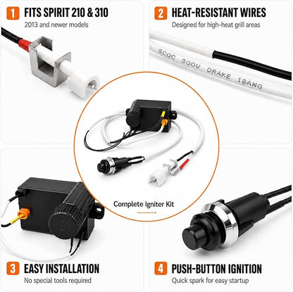 GRISUN 7642 Grill Igniter for Weber Spirit 310 210 2013 Up Front Panel | Fits Weber Spirit 200 and 300 series with up-front controls, model year 2013 and newer, plug-and-play igniter kit