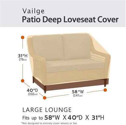 VAILGE 2-Seater Heavy Duty Patio Deep Bench Loveseat Cover, 100% Waterproof Outdoor Deep Sofa Cover, Lawn Patio Furniture Covers with Air Vent, Small (Deep), Beige & Brown