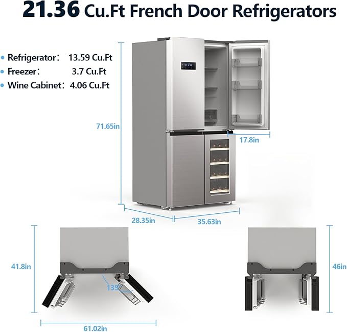 Electactic 21.36 Cu.Ft French Door Refrigerators with Bottom Freezer, Wine Cabinet, Adjustable Shelving, Counter Depth Smart Refrigerator with Touchscreen for Kitchen Home