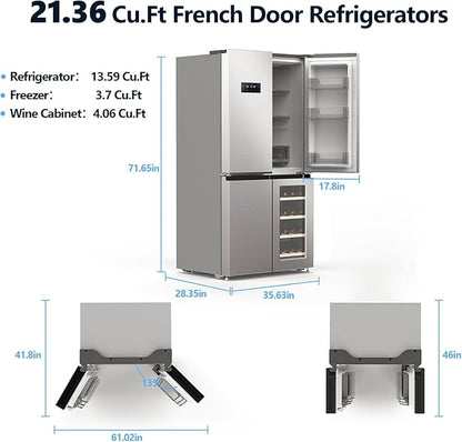 Electactic 21.36 Cu.Ft French Door Refrigerators with Bottom Freezer, Wine Cabinet, Adjustable Shelving, Counter Depth Smart Refrigerator with Touchscreen for Kitchen Home