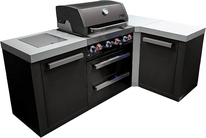 Mont Alpi Premium 82"W x 50"D Black Stainless Steel L-shaped Modular Outdoor Kitchen Island with Side Burner + 32"W 4-Burner BBQ Gas Grill + Granite Countertops + Storage Cabinets + Drawers + Cover