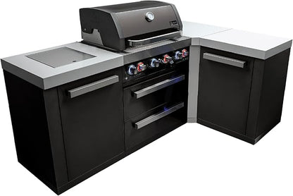 Mont Alpi Premium 82"W x 50"D Black Stainless Steel L-shaped Modular Outdoor Kitchen Island with Side Burner + 32"W 4-Burner BBQ Gas Grill + Granite Countertops + Storage Cabinets + Drawers + Cover