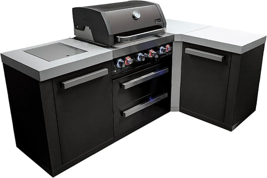 Mont Alpi Premium 82"W x 50"D Black Stainless Steel L-shaped Modular Outdoor Kitchen Island with Side Burner + 32"W 4-Burner BBQ Gas Grill + Granite Countertops + Storage Cabinets + Drawers + Cover