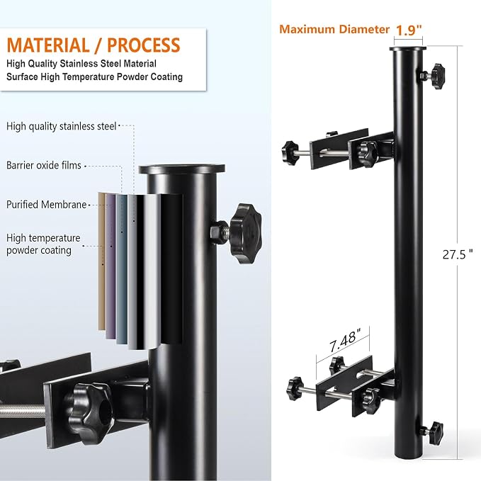 304 Stainless Steel Umbrella Deck Mount, Patio Umbrella Holder, Post Black | Fits Umbrellas up to 1.9", Easy Installation, Sturdy, Save Space, Heavy Duty Outdoor Umbrella Base, Railing Mounting Brackets