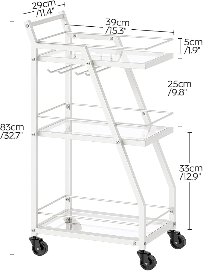 Bar Cart, 3-Tier Home Bar Serving Cart with Wheels, Drink Cart with Glass Holder, Beverage Cart, Rolling Kitchen Cart, for Home, Living Room, Transparent and White BC03WT