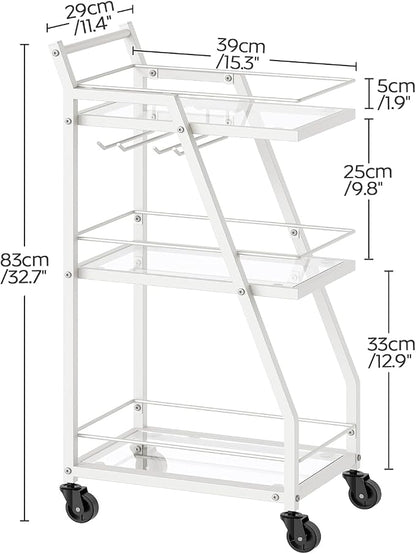 Bar Cart, 3-Tier Home Bar Serving Cart with Wheels, Drink Cart with Glass Holder, Beverage Cart, Rolling Kitchen Cart, for Home, Living Room, Transparent and White BC03WT