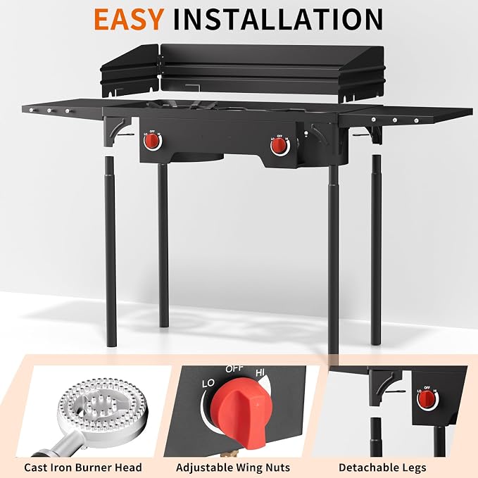 SKOK 2 Burners Camping Propane Stove with Wind Panel&Side Shelves, Portable Gas Stove, Outdoor Stove for Camping, Backyard, Picnic