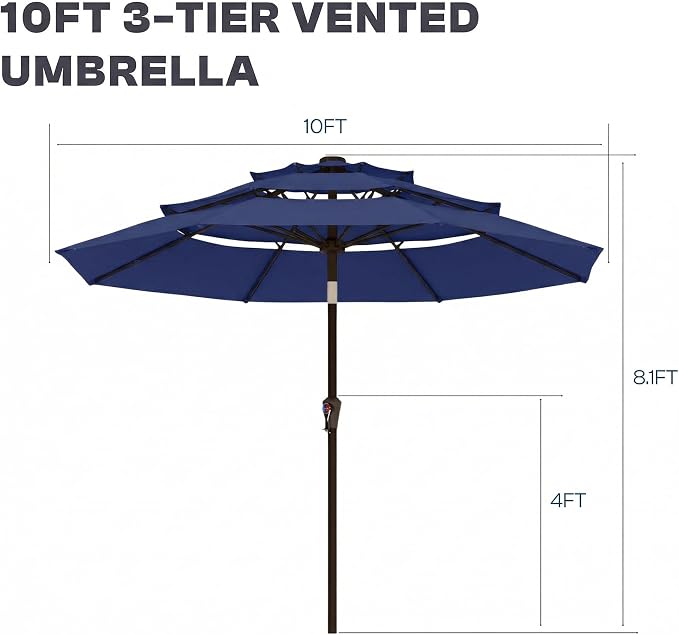 10ft 3 Tier Patio Umbrella, Outdoor Market Table Umbrella with UPF 50+ Vented Canopy, 8 Sturdy Ribs, Easy Push Button Tilt and Crank, Windproof for Deck, Pool, Backyard and Garden
