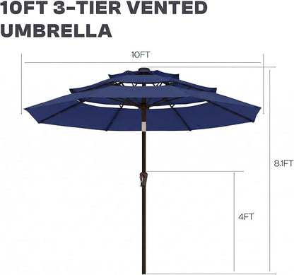 10ft 3 Tier Patio Umbrella, Outdoor Market Table Umbrella with UPF 50+ Vented Canopy, 8 Sturdy Ribs, Easy Push Button Tilt and Crank, Windproof for Deck, Pool, Backyard and Garden