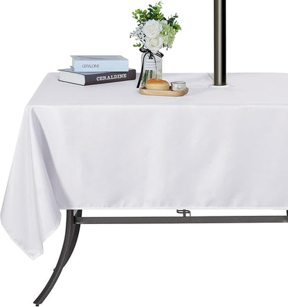 SARAFLORA Outdoor and Indoor Tablecloth -60x120 inch White, Wrinkle Free Washable Waterproof Table Cloth with Umbrella Hole and Zipper Rectangle Table Cover for Spring/Summer/Patio/Picnic/BBQS/Party