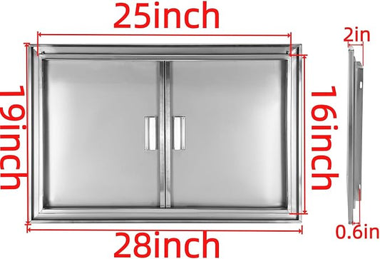 Outdoor Kitchen Door 28" W x 19" H Stainless Steel BBQ Double Access Door Flush Mount Vertical Wall Doors with Handle Suitable for Grilling Station Outside Cabinet Outdoor Kitchen