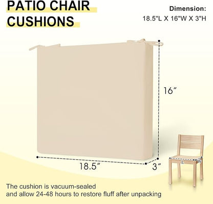 downluxe Outdoor Chair Cushions Set of 6 for Patio Furniture, Water-Resistant Square Corner Patio Chair Cushions with Ties, High Density Foam Outdoor Seat Cushion, 18.5" X 16" X 3", Beige