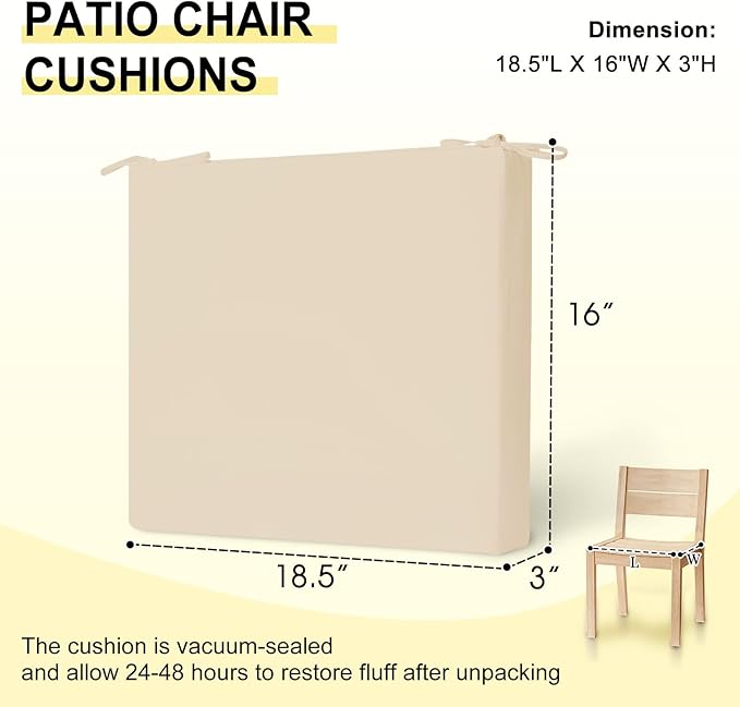downluxe Outdoor Chair Cushions Set of 4 for Patio Furniture, Water-Resistant Square Corner Patio Chair Cushions with Ties, High Density Foam Outdoor Seat Cushion, 18.5" X 16" X 3", Beige