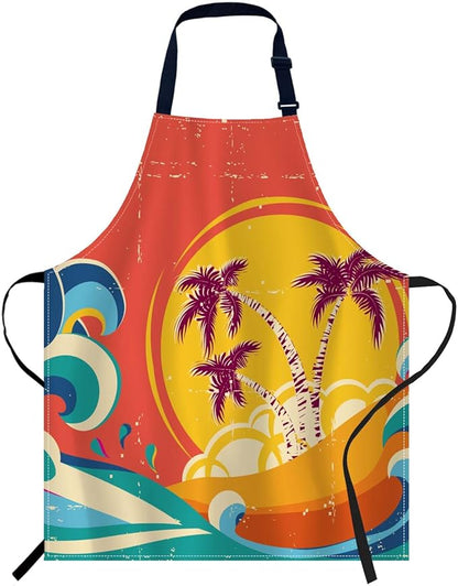 oFloral Hawaii Beach, Vintage palm tree sun Tropical Island Giant Wave Bib Apron with Adjustable Neck for Men Women,Suitable for Home Kitchen Cooking Waitress Chef Grill Bistro Baking BBQ Apron