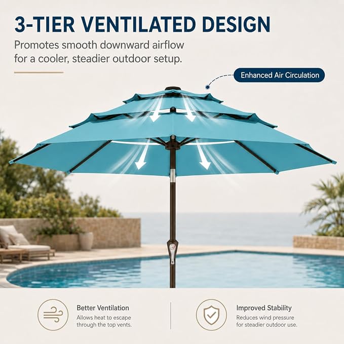10ft Patio Umbrella, 3-Tier Vented Outdoor Table Umbrella with 8 Sturdy Fiberglass Ribs, Windproof Market Umbrella with Push Button Tilt and Crank, UV Protection for Deck, Pool, Sky Blue
