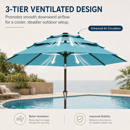 10ft Patio Umbrella, 3-Tier Vented Outdoor Table Umbrella with 8 Sturdy Fiberglass Ribs, Windproof Market Umbrella with Push Button Tilt and Crank, UV Protection for Deck, Pool, Sky Blue