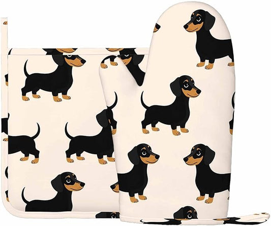 Mxocom Dachshunds Silicone Oven Mitts and Pot Holders Sets Hand Drawn Style Dog BBQ Gloves for Kitchen,Cooking,Baking,Grilling